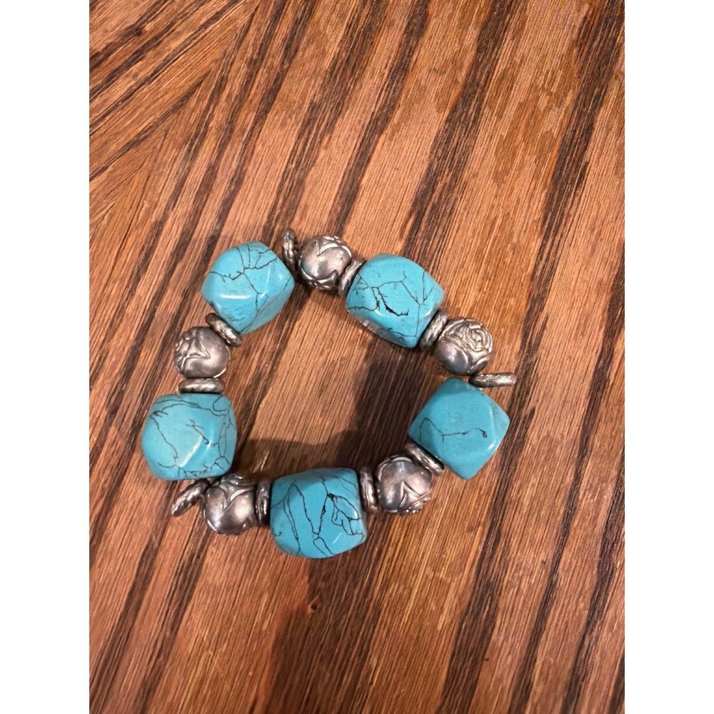 Turquoise Block‎ Bead Stretch Bracelet Silver Floral Rose Spacers Boho Western